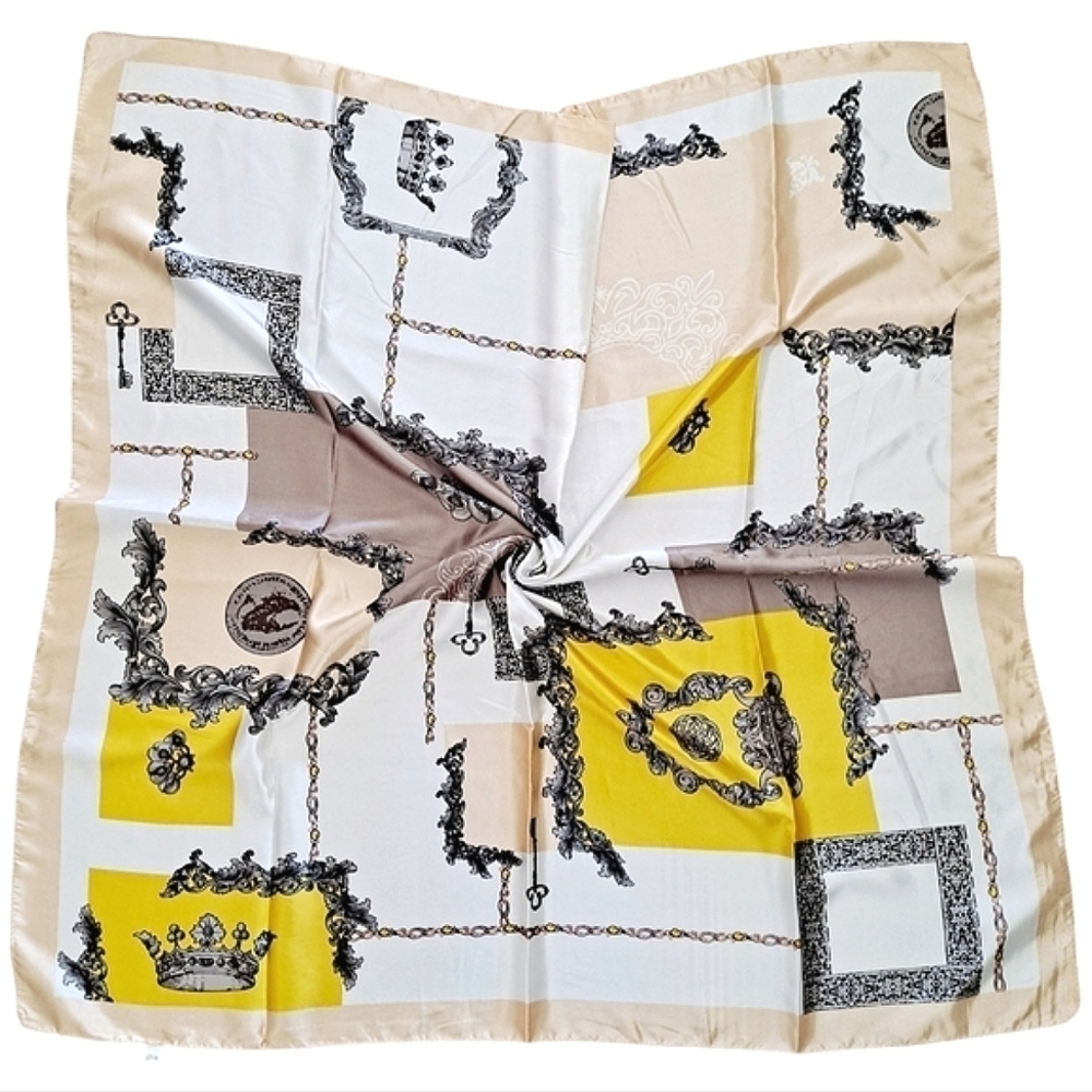 Oversized Boho square satin white yellow Chain geometric hair neck scarf 💖